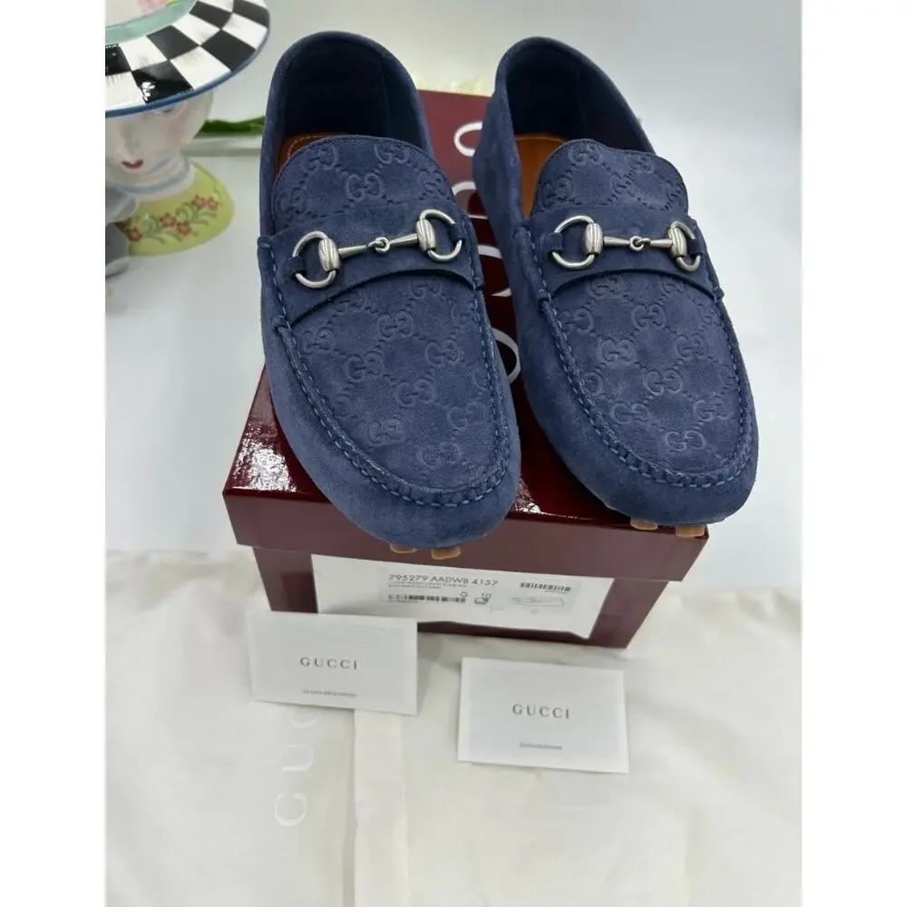 Men's Gucci GG embossed suede driver loafers size 10 fits 10.5 US made in Italy